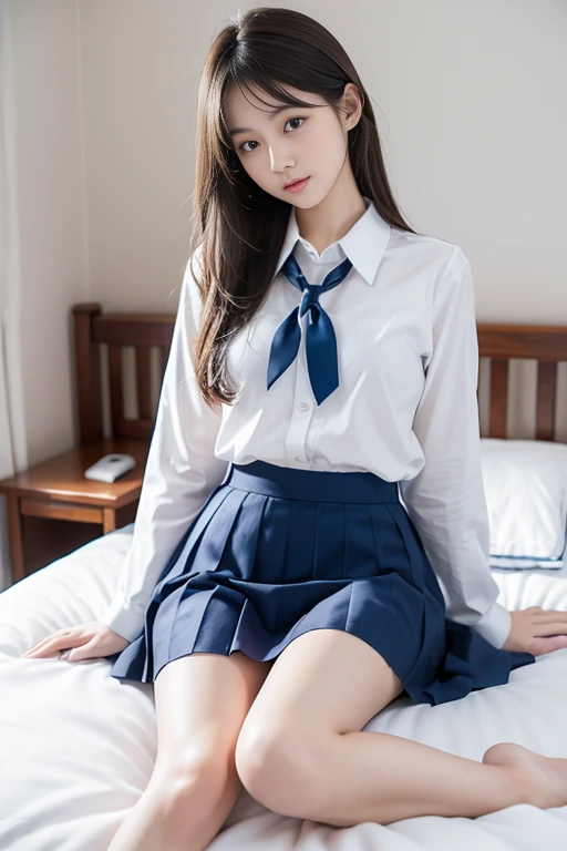 masterpiece,best quality,A Japanese high school girl,Long, dark hair,Mature,Lovely,Shy,Sitting on the bed,Wearing white and blue school uniform,Taking off clothes,Wearing a very short skirt,Lift up the skirt,The white inside the skirt is exposed