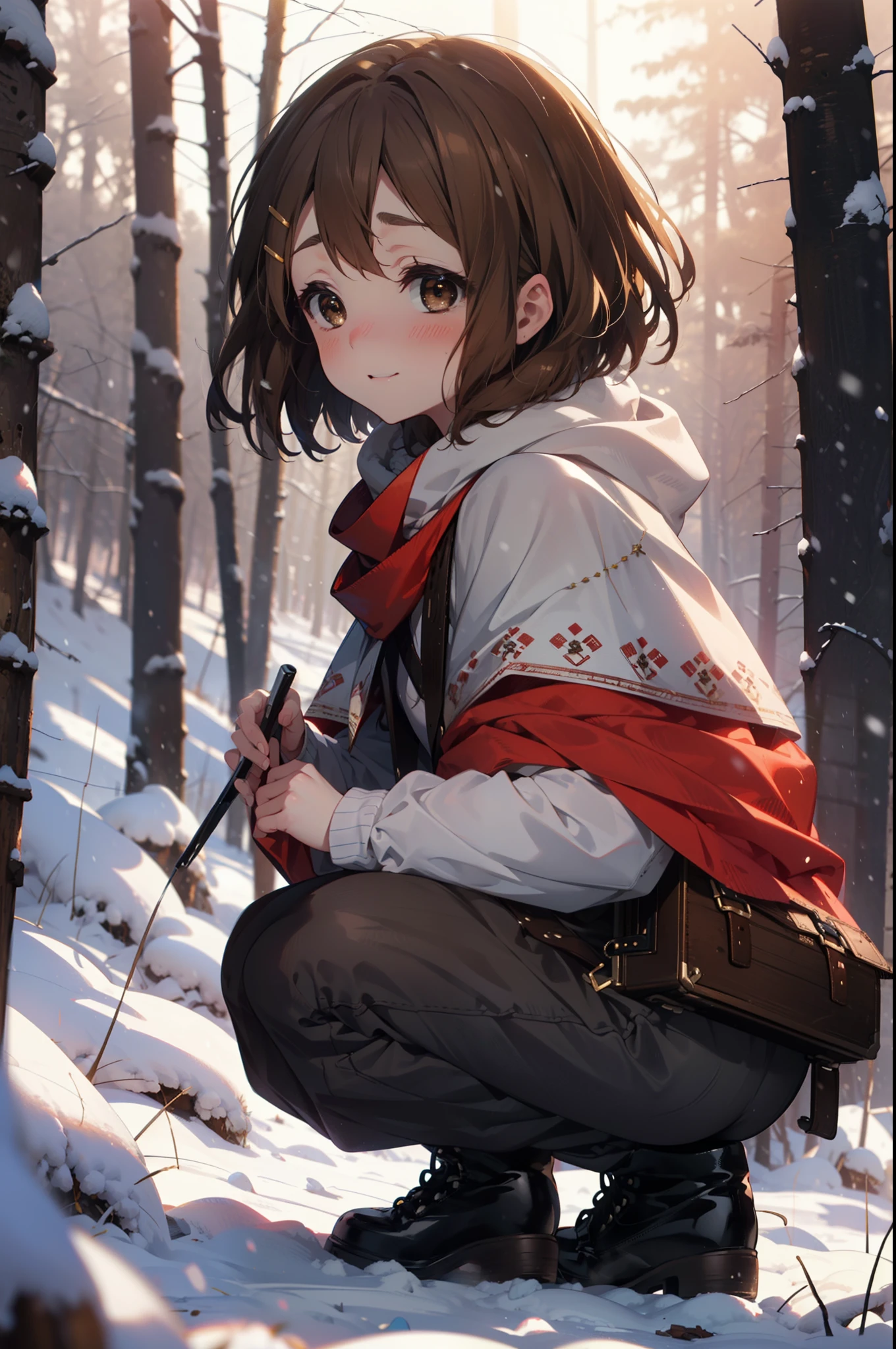 yuihirasawa, Yui Hirasawa, short hair, Brown Hair, hair ornaments, (Brown eyes:1.5), Hair Clip、smile,smile,blush,White Breath,
Open your mouth,snow,Ground bonfire,, Outdoor, boots, snowing, From the side, wood, suitcase, Cape, Blurred, , forest, White handbag, nature, Squat, Mouth closed, Cape, winter, Written boundary depth, Black shoes, red Cape break looking at viewer, Upper Body, whole body, break Outdoor, forest, nature, break (masterpiece:1.2), Highest quality, High resolution, unity 8k wallpaper, (shape:0.8), (Beautiful and beautiful eyes:1.6), Highly detailed face, Perfect lighting, Extremely detailed CG, (Perfect hands, Perfect Anatomy),