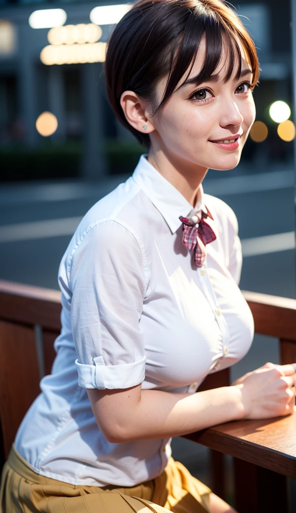 (8k, RAW photo, best quality, masterpiece:1.2), (realistic, photo-realistic:1.37), ultra-detailed,
1 girl,cute, solo,beautiful detailed sky,detailed cafe,night,sitting,dating,(nose blush),(smile:1.1),(closed mouth),large breasts, seductive smile, large aparture, professional lighting, Sony A7R4, Zessie 50mm F1.8,
medium breasts,beautiful detailed eyes,(collared shirt:1.1), bowtie,pleated skirt,(short hair:1.2),floating hair 