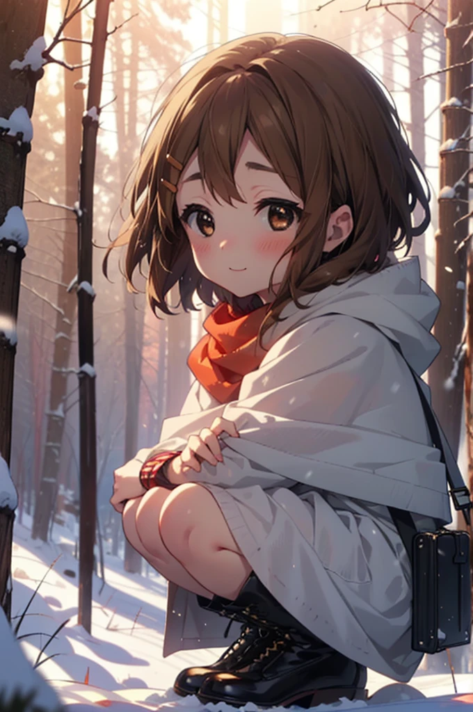 yuihirasawa, Yui Hirasawa, short hair, Brown Hair, hair ornaments, (Brown eyes:1.5), Hair Clip、smile,smile,blush,White Breath,
Open your mouth,snow,Ground bonfire,, Outdoor, boots, snowing, From the side, wood, suitcase, Cape, Blurred, , forest, White handbag, nature, Squat, Mouth closed, Cape, winter, Written boundary depth, Black shoes, red Cape break looking at viewer, Upper Body, whole body, break Outdoor, forest, nature, break (masterpiece:1.2), Highest quality, High resolution, unity 8k wallpaper, (shape:0.8), (Beautiful and beautiful eyes:1.6), Highly detailed face, Perfect lighting, Extremely detailed CG, (Perfect hands, Perfect Anatomy),