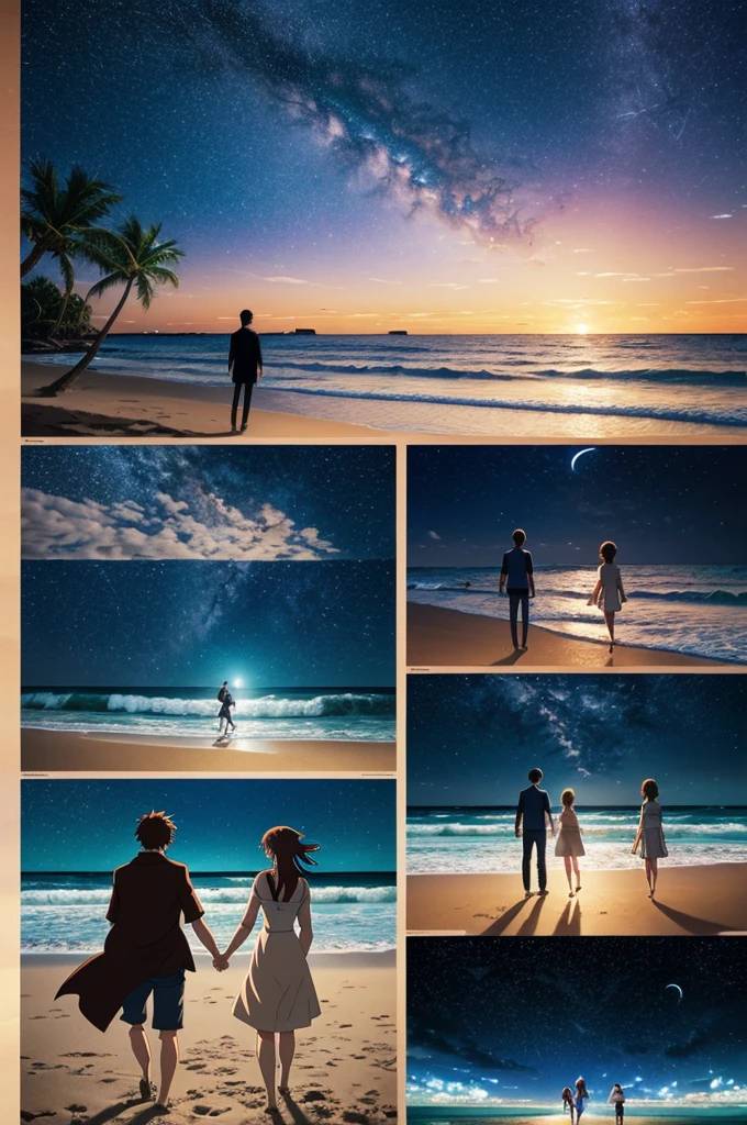 A fascinating comic,Shows the life of anime college students standing on the beach, Each panel is in a cartoon style format. Unique storyboards show the masterpiece of a romantic couple under the starry sky. This scene is reminiscent of Makoto Shinkai's signature style, Concept art style with Pisif. The whole work is presented in lofi art style, emphasized reflection, Capturing detailed landscapes in Makoto Shinkai style, Detail Enhancement