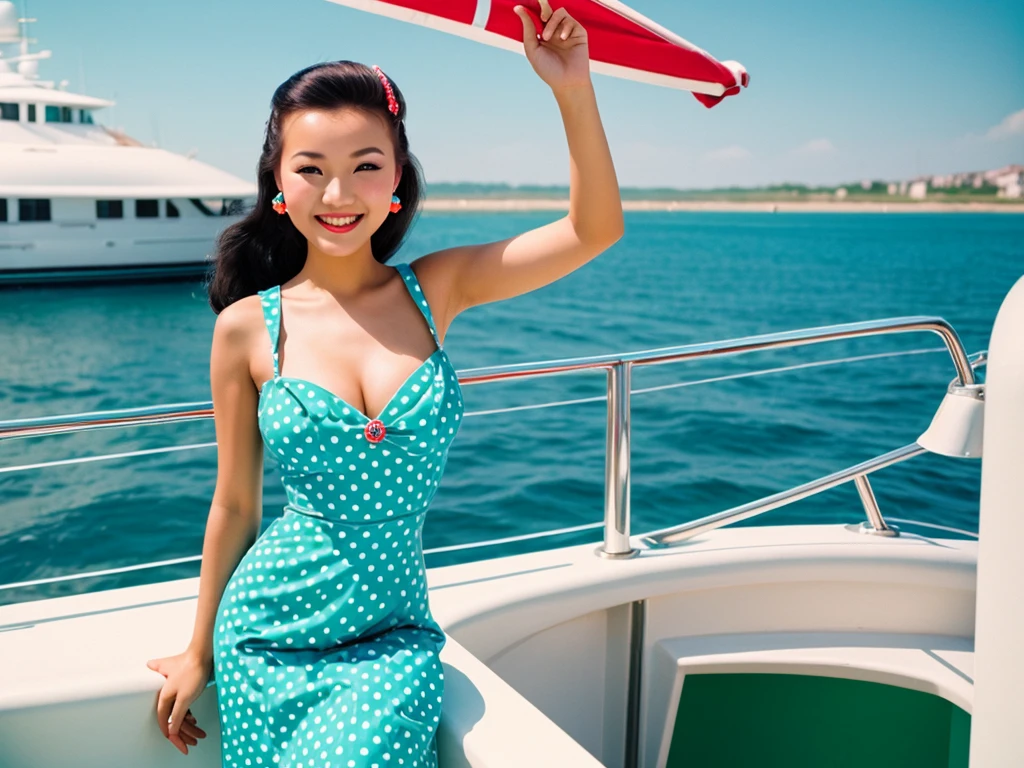35mm film photography, Joyful, smiling kazakh woman pin-up woman posing beautifully smiling on a yacht clear weather summer sky blue bright sun in hands cocktail retro style pin-up green dress with polka dots dancing
