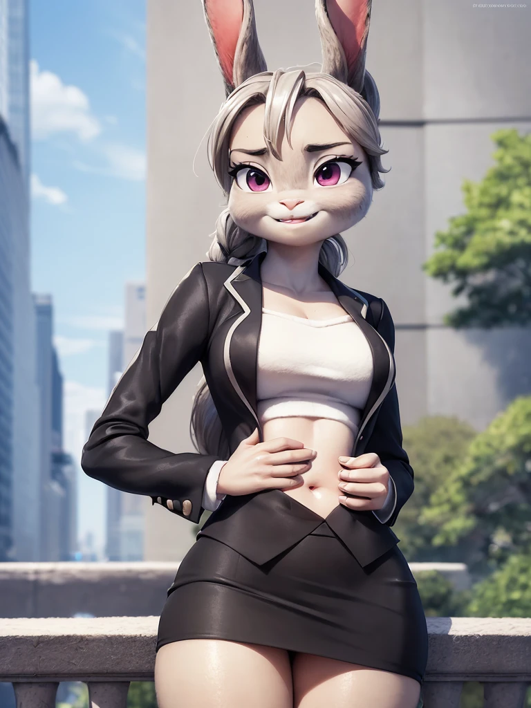 best quality,
masterpiece,
3D anime,
(((solo))),
(((1girl))),
((Face is JudyHopps)),
(long ears like a rabbit:0.8),
Heir is in a black ponytail style,
Body is human lady,
She is a new employee,
Hers outfit is business suit,
She is wearing a black jacket over a white blouse,
(She is wearing a black skirt:1.1),
(the suit is made of wool:1.4),
((skin is silver with fluffy and fluffy)),
(portrait view),
In the background there is A building area full of greenery,
((Her expression shows a fresh fresh smile)),
She is standing straight with her back upright,
((She is lightly clasping her hands in front of her stomach))