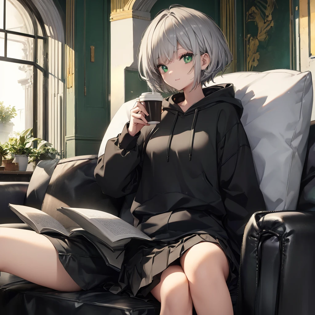 (((1 person　Gray Hair　Sit on the sofa　Crossing your legs　greenい目)))　((High resolution　short hair　hoodie　Black Skirt　Rin々Funny face))　((Close-up))　((green　Asahi　Shining Aura　Catch the wind　Holding a cup　Drink coffee))　(smile　Bathed in light)　Shining Background　Shining Edge