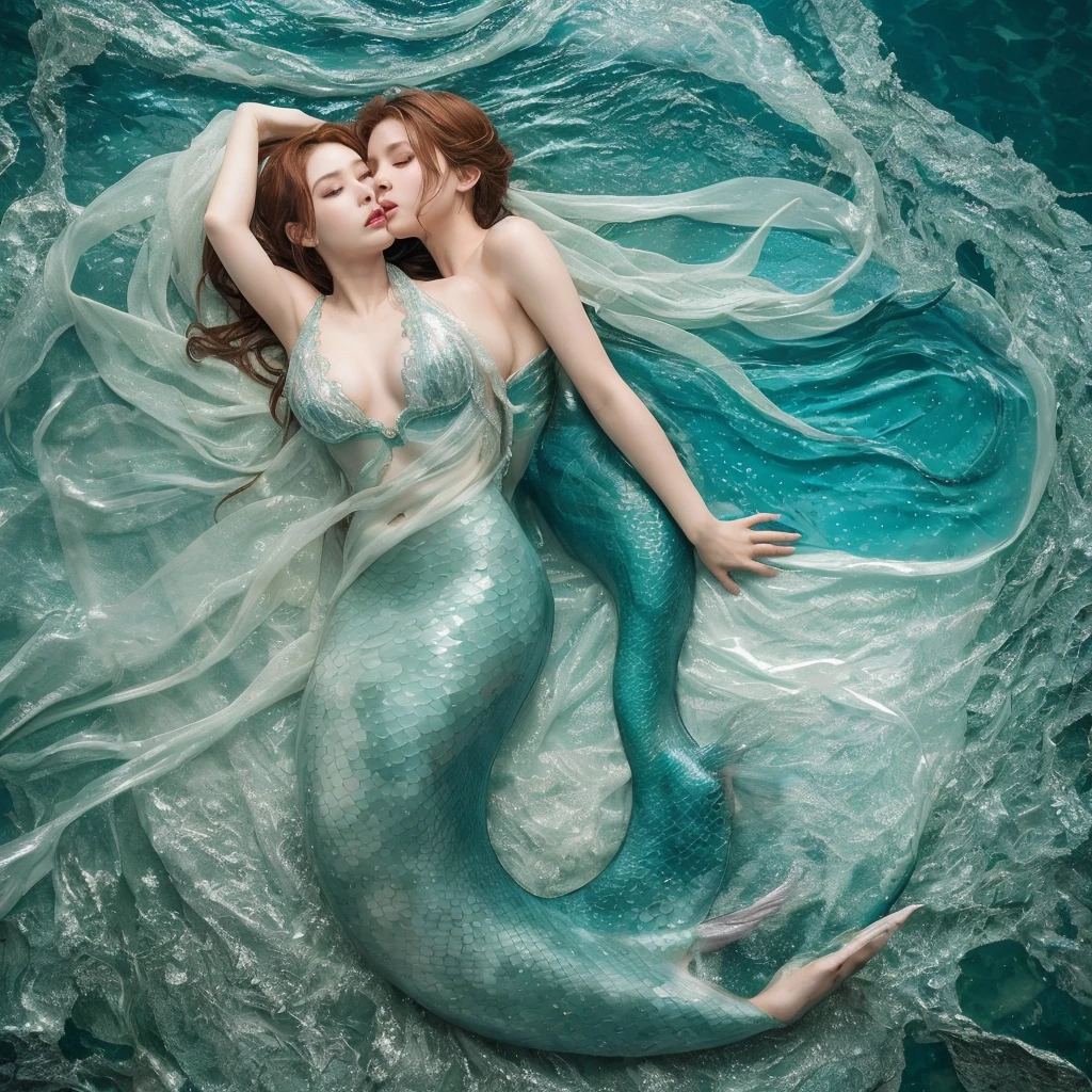 A mermaid covered entirely in a thin membrane、Highest quality、Mermaids kissing and fusing、resident evil、Horror taste、Covered by a translucent amniotic sac、Smooth clear skin and feet、born々Fresh fish fins