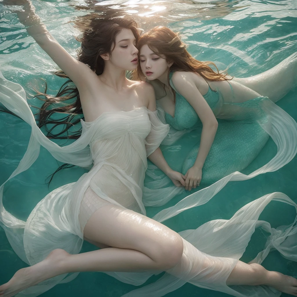 A mermaid covered entirely in a thin membrane、Highest quality、Mermaids kissing and fusing、resident evil、Horror taste、Covered by a translucent amniotic sac、Smooth clear skin and feet、born々Fresh fish fins