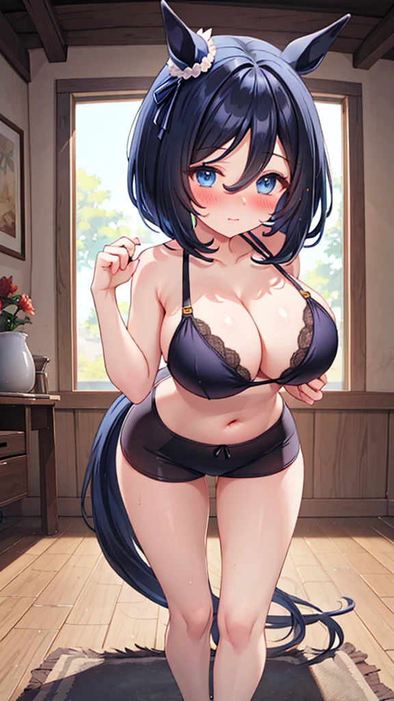 masterpiece, best quality, extremely detailed, (((eishin flash,))) (((umamusume,))) 1 girl, young, cute face, (((blush,))) (((black hair,))) medium hair, blue eyes, (????????????,) beautiful detailed blue eyes, white skin, (((gleaming skin,))) (((oil,))) (((gleaming skin,))) (((glistening skin,))) ((embarrassed,)) (((black bra,))) (((black ?????????,))) (((horse ear,))) closed mouth, hairs between eyes, ((parted bangs,)) ((bob cut,)) full body,