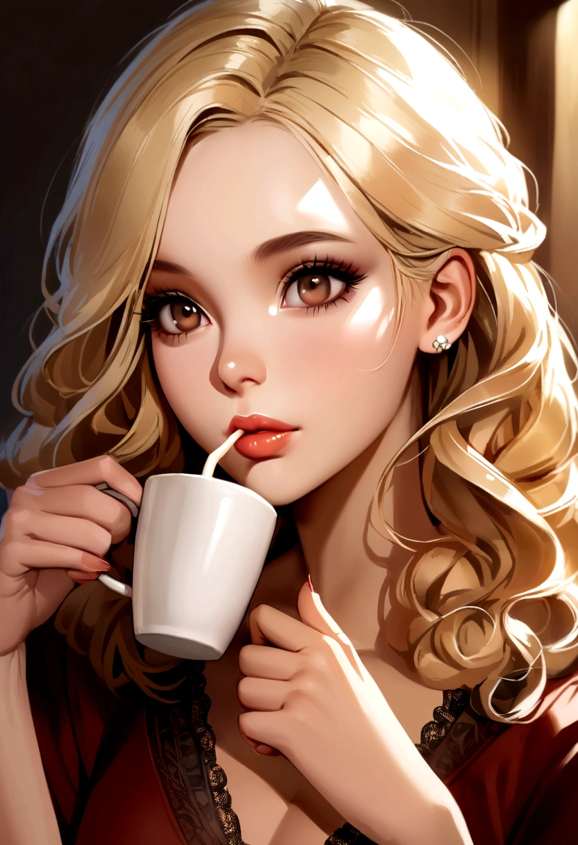 beautiful latina with wavy blonde hair, caramel-colored skin, Brown eyes, Realist , models sipping coffee