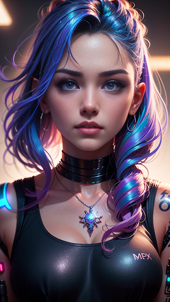 a close up of a woman with tattoos on her chest, hyper-realistic cyberpunk style, cyberpunk style ， hyperrealistic, dreamy cyberpunk girl, hyperrealistic fantasy art, realistic digital art 4k, realistic digital art 4 k, cyberpunk art style, beautiful cyberpunk girl face, alena aenami and artgerm, hyper realistic anime, ross tran 8 k