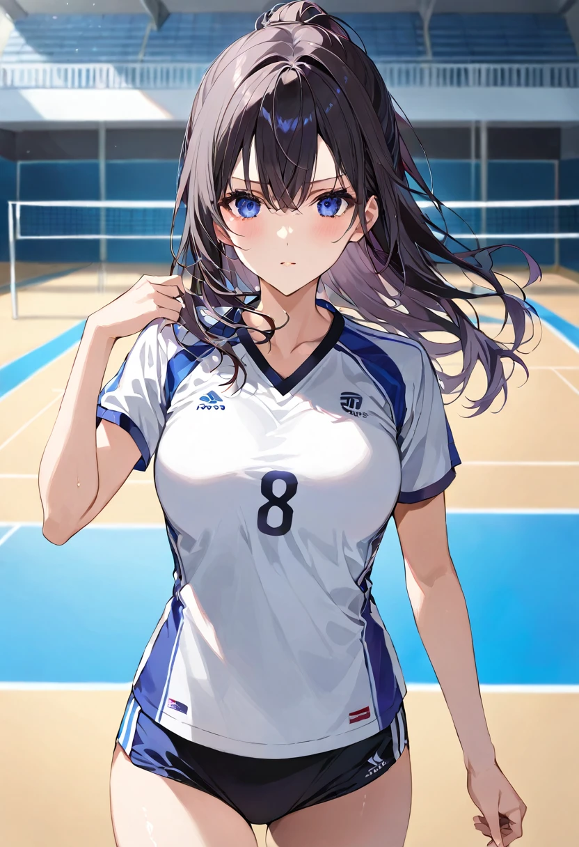 masterpiece, best quality, ultra detailed, one cute girl has black hear, (wind), detailed eyes, beautiful eyes, from front, she is in the gym, the background is volleyball court, the girl wearing volleyball uniform, medium breasts, she has a volleyball in one hand, white uniform on top and black on bottom, serious look,