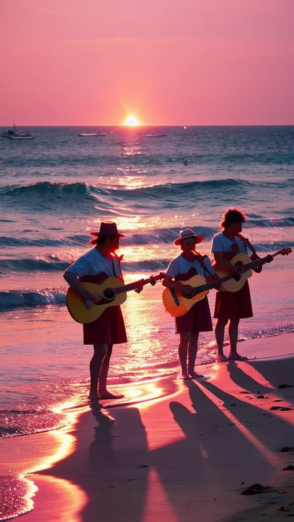 Pink Dolphin Musical Band puts on a lively concert、A fascinating scene unfolds on a beautiful beach。. Dolphin, Pink light illuminates the sand, strum guitar strings with fins, Beating the drum with his tail, Play the violin or cello gracefully. A rhythmic melody echoes through the sea breeze, Gentle waves crash on the shore. A sunny sky in shades of pink and orange serves as the backdrop., Adding a fantastic sparkle to the musical ensemble. Soft Sand, Footprints scattered, and clear, Crystal blue water gives depth and texture、