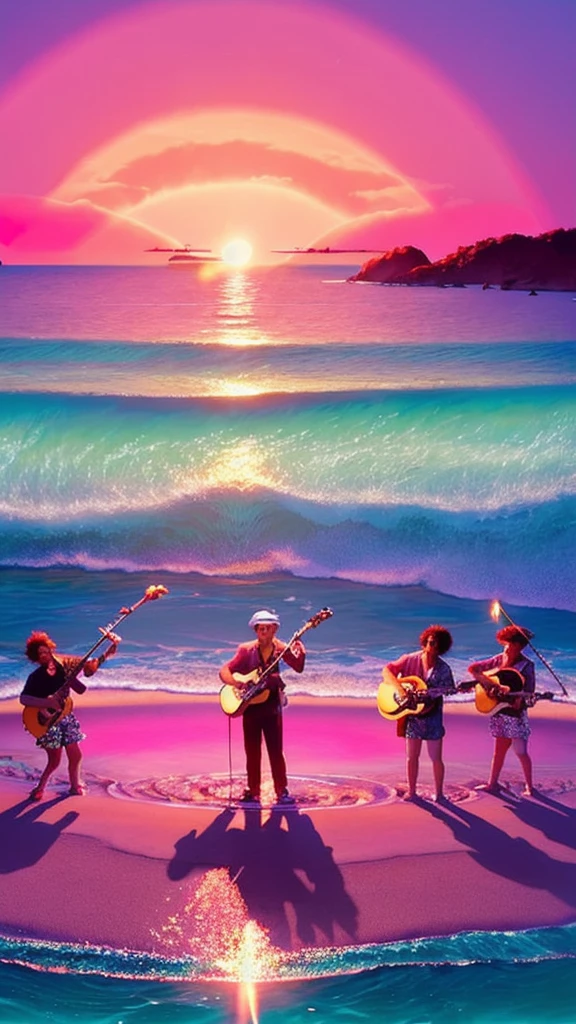 Pink Dolphin Musical Band puts on a lively concert、A fascinating scene unfolds on a beautiful beach。. Dolphin, Pink light illuminates the sand, strum guitar strings with fins, Beating the drum with his tail, Play the violin or cello gracefully. A rhythmic melody echoes through the sea breeze, Gentle waves crash on the shore. A sunny sky in shades of pink and orange serves as the backdrop., Adding a fantastic sparkle to the musical ensemble. Soft Sand, Footprints scattered, and clear, Crystal blue water gives depth and texture、
