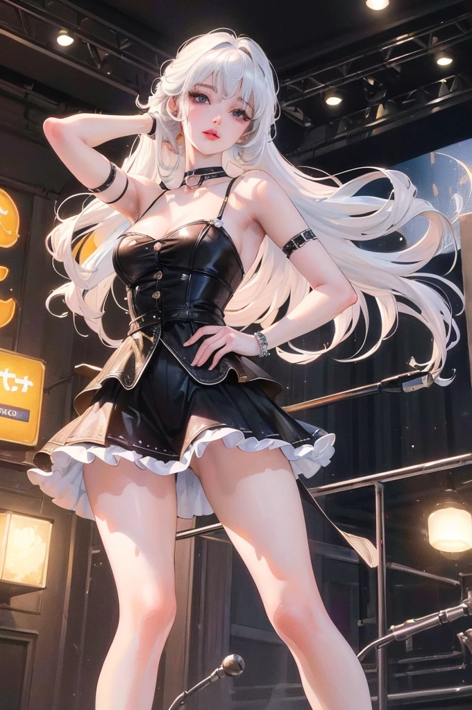 (best quality,4k,8k,highres,masterpiece:1.2),ultra-detailed,(realistic,photorealistic,photo-realistic:1.37),single girl, idol, white hair, long hair, cute, detailed eyes, detailed lips, slim figure, youthful appearance, confident expression, standing in front of the stage, pink electric guitar, black , revealing top, ample , spotlight, vibrant colors.