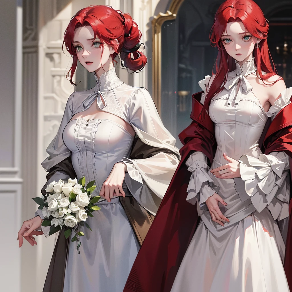 A 35-year-old woman, tall, with red hair and green eyes. Her facial features are calm and cold, with pure white skin. She wears a dark burgundy Victorian dress. Her hair is very short, reaching her neck. Her eyes are very cold. Her features are cold and sharp.