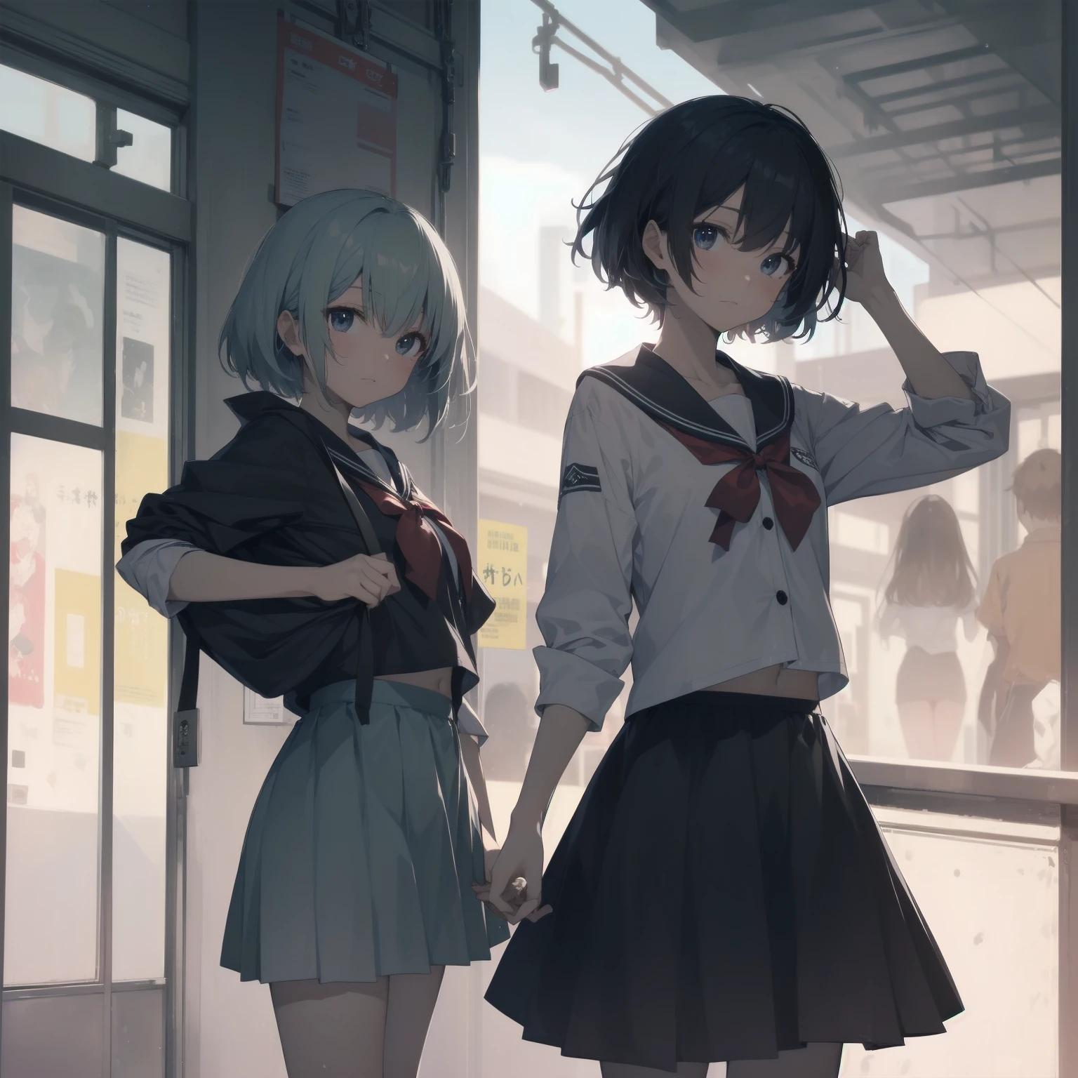ultra-absurdres-Top quality by artist God, ultra-detailed, high resolution, anime moe artstyle, best anime 8k konachan wallpaper, pixiv contest winner, pool:2810, perfect anatomy,break, 1girl, (Please draw a girl walking sleepily to school alone. )break,(Solo,little female, 13-year-old:1.3),Full limbs, complete fingers,a junior high school student, (very short hair), short cut, flat chest, , small butt, small black eyes, beautiful detailed eyes, well-proportioned iris and pupils, expressive eyes, highres detailed hair, soft expression, salor school_uniform, sailor collar, serahuku, bow, pleated skirt,(Detailed Lighting), (Detailed background), in the School commute route. break,super detailed skin, Best cinematic lighting powered by famous artist, 8k,beauty illustration,photoshop_(medium),very aesthetic,break,((artist:wa_(genryusui) )), artist:clamp ,artist:carnelian ,artist:kantoku ,