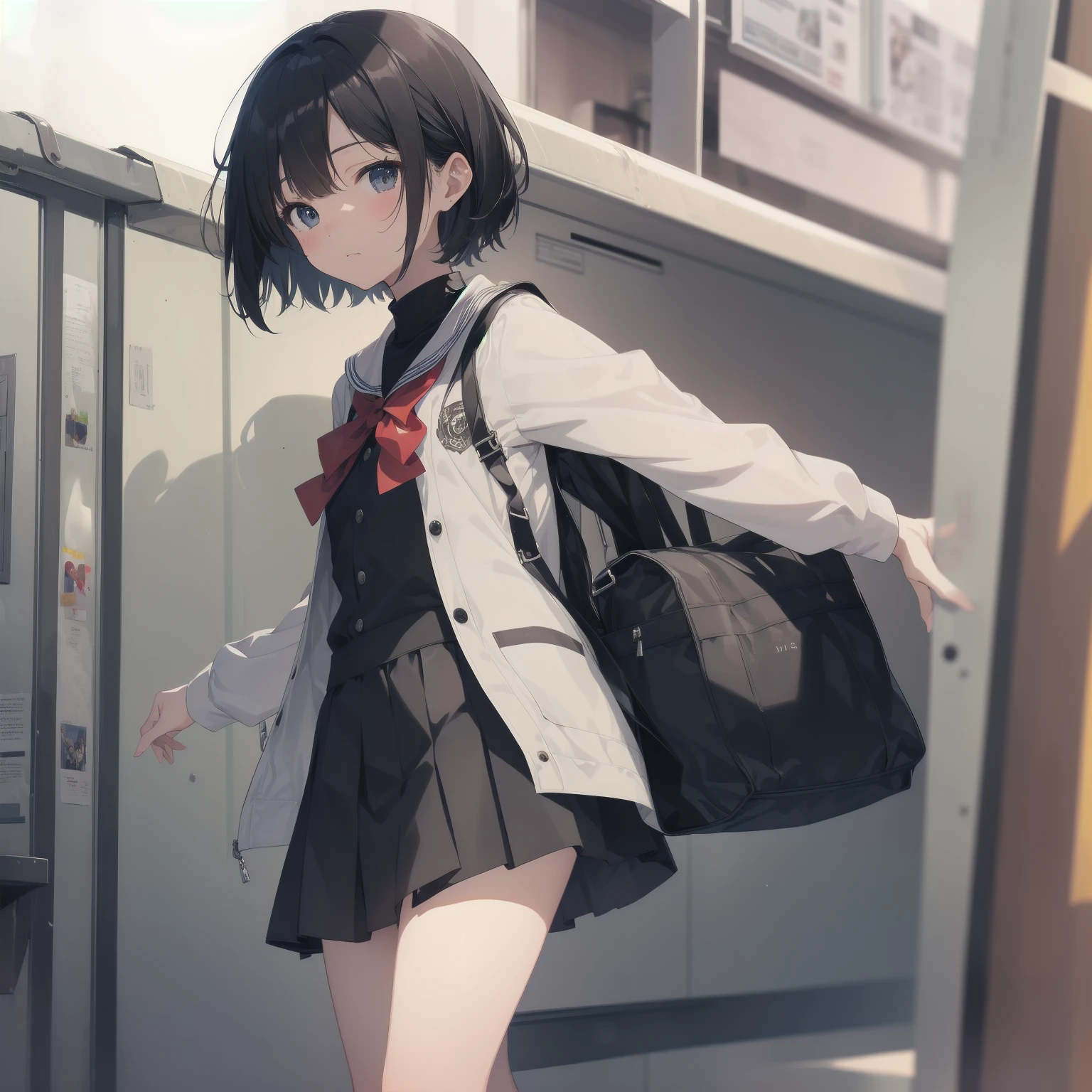 ultra-absurdres-Top quality by artist God, ultra-detailed, high resolution, anime moe artstyle, best anime 8k konachan wallpaper, pixiv contest winner, pool:2810, perfect anatomy,break, 1girl, (Please draw a girl walking sleepily to school alone. )break,(Solo,little female, 13-year-old:1.3),Full limbs, complete fingers,a junior high school student, (very short hair), short cut, flat chest, , small butt, small black eyes, beautiful detailed eyes, well-proportioned iris and pupils, expressive eyes, highres detailed hair, soft expression, salor school_uniform, sailor collar, serahuku, bow, pleated skirt,(Detailed Lighting), (Detailed background), in the School commute route. break,super detailed skin, Best cinematic lighting powered by famous artist, 8k,beauty illustration,photoshop_(medium),very aesthetic,break,((artist:wa_(genryusui) )), artist:clamp ,artist:carnelian ,artist:kantoku ,
