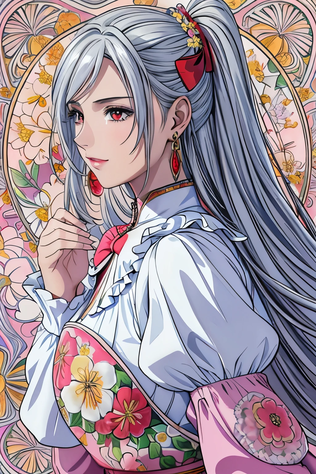 (masterpiece, top-quality, top-quality, Official art, Beautifully Aesthetic:1.2), red eyes, (highest quality, masterpiece painting:1.3), immature woman, 16 years old, (half body shot), masterpiece, ultra high resolution, (((rainbow dress, ornate dress, puffy sleeves, juliet sleeves, (long sleeves:1.2), red bow,))), Decorative panel, abstract art, (shot from a side angle), (Photoreal:1.0), ((light silver hair)),straight hair, beautiful shining hair, white and shining skin, Painterly, sketch, Texture, 超A high resolution, solo, Beautuful Women, A highly detailed, (Fractal Art:1.1), (colourfull:1.1), (florals:1.6), The most detailed, (Zentangle:1.2), (Dynamic Poses), (Abstract background:1.3), (shinny skin), (Many colors:0.8), (earrings:1.4), (pluma:0.9), Taisho romance,