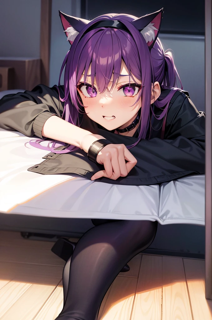 purple hair, purple hairband, purple eyes, color contact lenses, cat ears, tsundere, torogao, naughty face, full bodyesbian, anime style, ray tracing, perspective, UHD, masterpiece, ccurate, textured skin, super detail, high details, high quality, award winning, best quality, highres, 4K