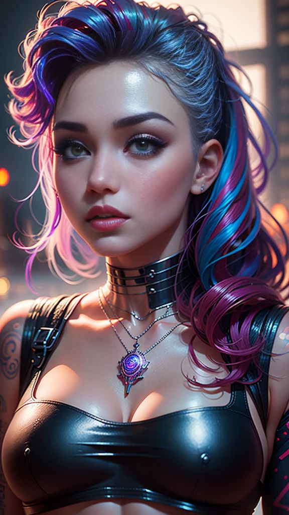 a close up of a woman with tattoos on her chest, hyper-realistic cyberpunk style, cyberpunk style ， hyperrealistic, dreamy cyberpunk girl, hyperrealistic fantasy art, realistic digital art 4k, realistic digital art 4 k, cyberpunk art style, beautiful cyberpunk girl face, alena aenami and artgerm, hyper realistic anime, ross tran 8 k