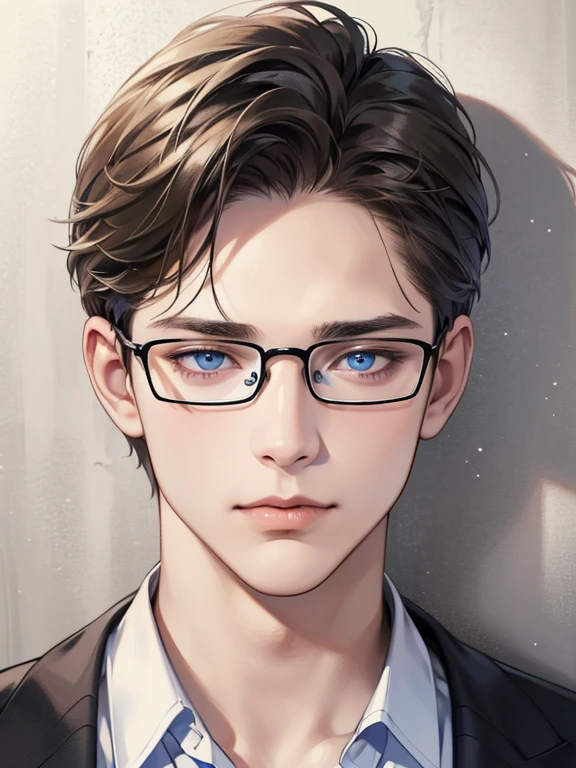 masterpiece, best quality, 1male, brunette hair, blue eyes, glasses, white shirt, mugshot, wall background, detailed eyes, detailed facial features, realistic and high resolution (best quality, 4k, 8k, highres, masterpiece:1.2)