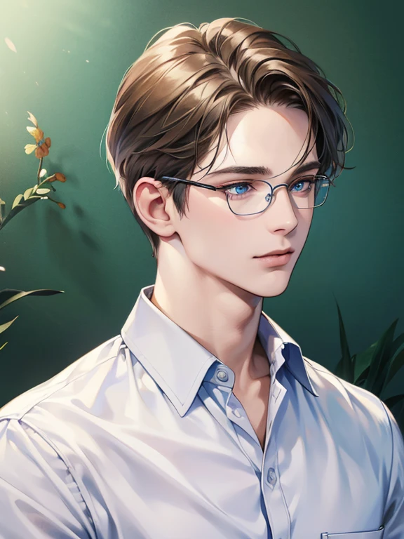 masterpiece, best quality, 1male, brunette hair, blue eyes, glasses, white shirt, mugshot, wall background, detailed eyes, detailed facial features, realistic and high resolution (best quality, 4k, 8k, highres, masterpiece:1.2)