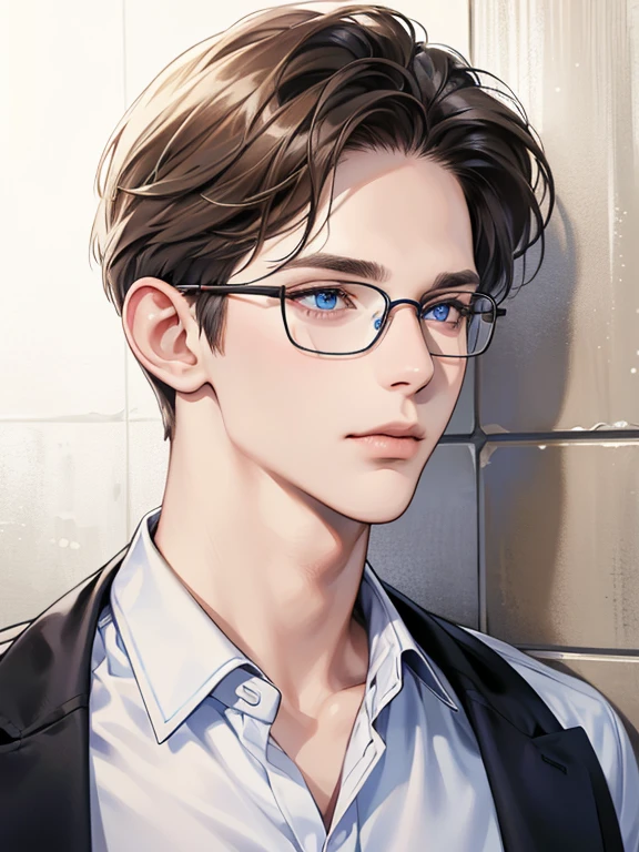 masterpiece, best quality, 1male, brunette hair, blue eyes, glasses, white shirt, mugshot, wall background, detailed eyes, detailed facial features, realistic and high resolution (best quality, 4k, 8k, highres, masterpiece:1.2)