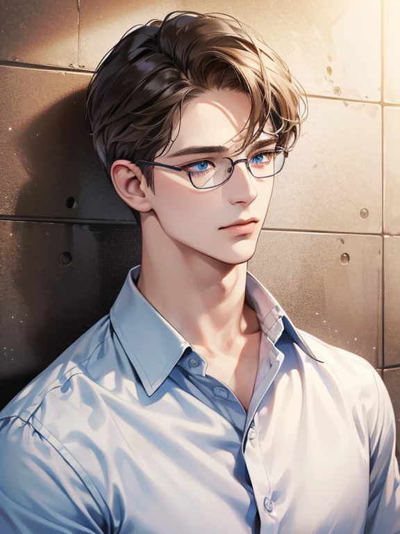 masterpiece, best quality, 1male, brunette hair, blue eyes, glasses, white shirt, mugshot, wall background, detailed eyes, detailed facial features, realistic and high resolution (best quality, 4k, 8k, highres, masterpiece:1.2)
