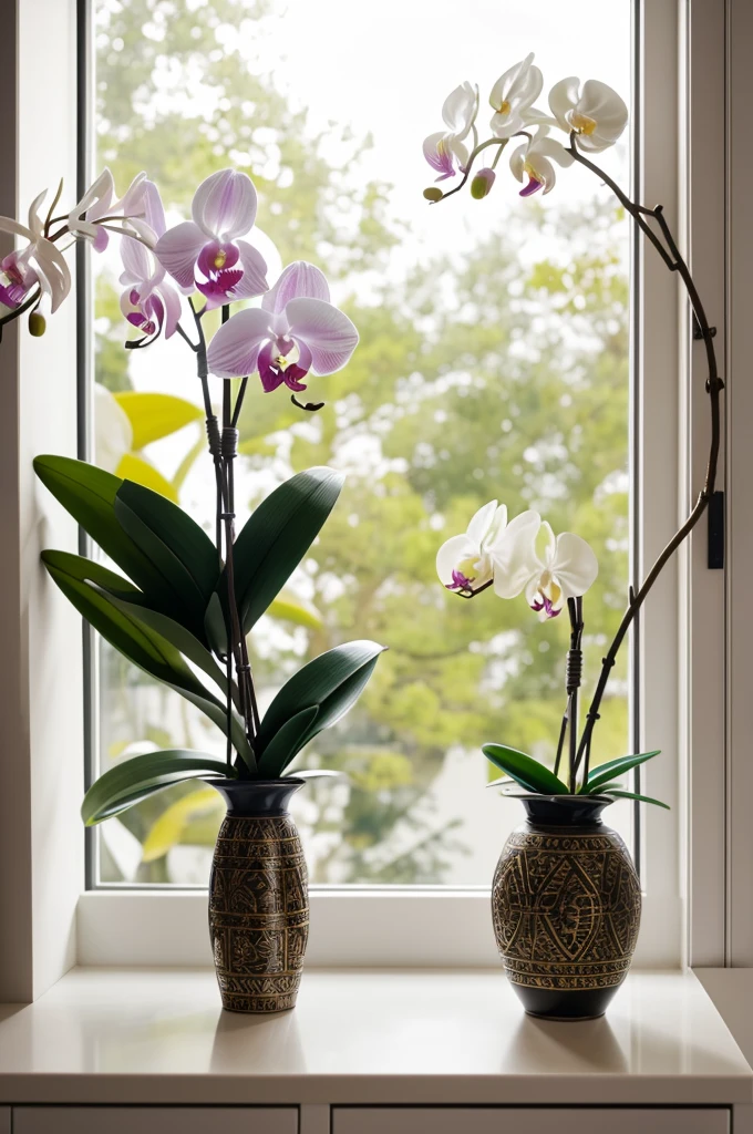 One vase with orchids stands on the windowsill
