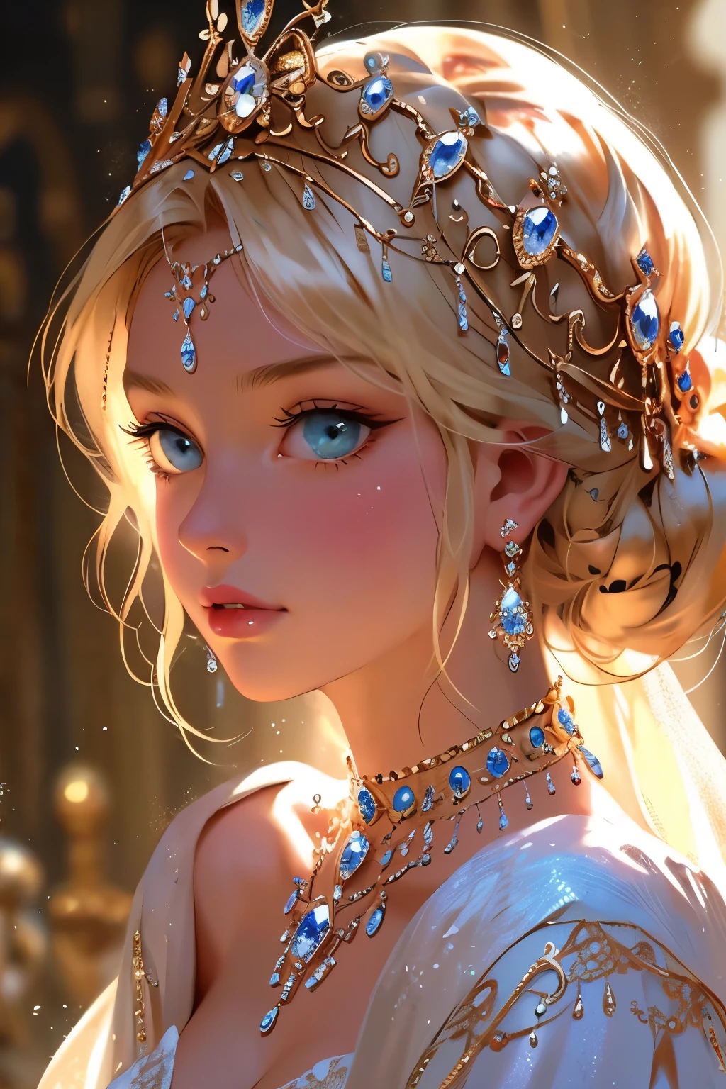 A stunning blonde princess adorned in glittering jewels, captured in a cinematic style reminiscent of Julia Razumova's ethereal paintings.