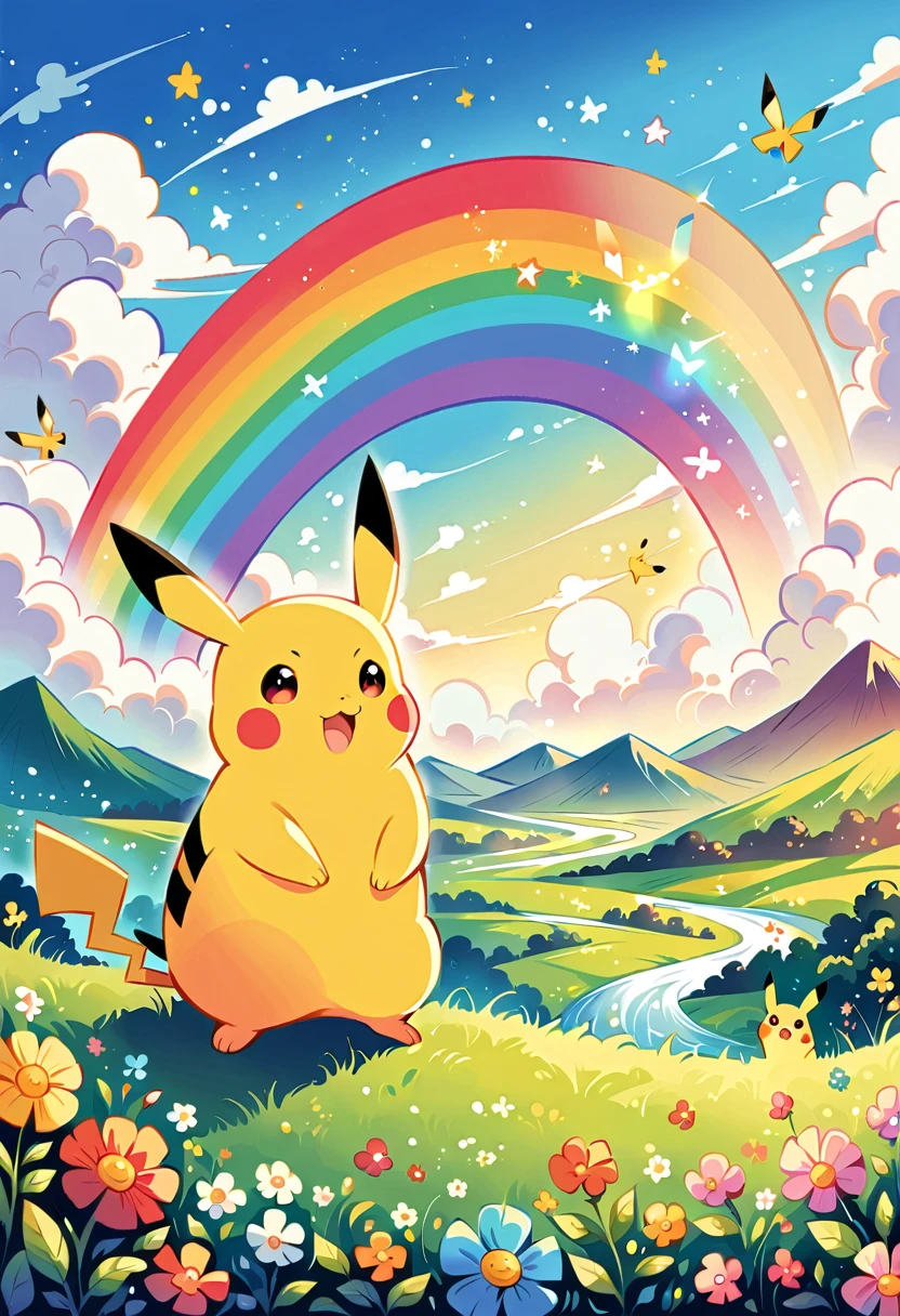 cute scene featuring Pikachu with a rainbow. Pikachu should be happily playing or interacting with the rainbow, perhaps standing at the end of the rainbow or reaching up to touch it. The scene should be bright and cheerful, with vibrant colors of the rainbow arching across the sky. Include elements like a grassy field with flowers, a clear blue sky with a few fluffy clouds, and Pikachu's joyful expression. The overall atmosphere should be whimsical and heartwarming, capturing the magic of a rainbow and Pikachu's playful nature.