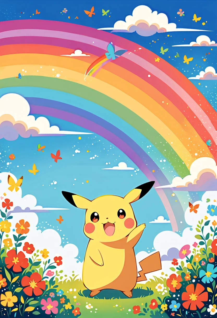 cute scene featuring Pikachu with a rainbow. Pikachu should be happily playing or interacting with the rainbow, perhaps standing at the end of the rainbow or reaching up to touch it. The scene should be bright and cheerful, with vibrant colors of the rainbow arching across the sky. Include elements like a grassy field with flowers, a clear blue sky with a few fluffy clouds, and Pikachu's joyful expression. The overall atmosphere should be whimsical and heartwarming, capturing the magic of a rainbow and Pikachu's playful nature.