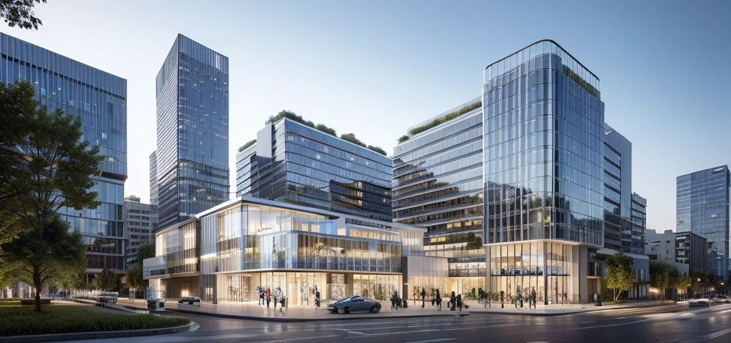 JZCG029, an office tower is located in the city center, with a commercial complex downstairs and a park next to it, (masterpiece:1.3), (best quality:1.3), (high resolution:1.2), (high detail:1.2),
