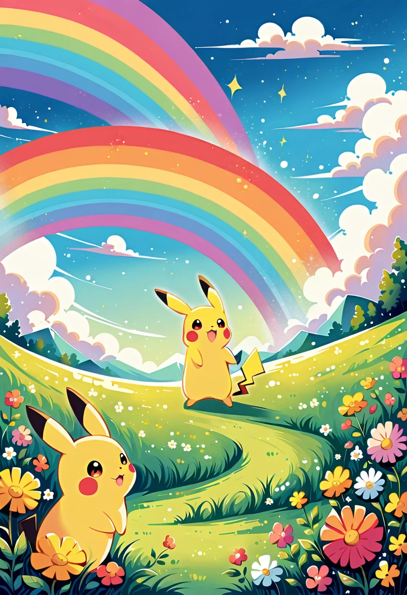 cute scene featuring Pikachu with a rainbow. Pikachu should be happily playing or interacting with the rainbow, perhaps standing at the end of the rainbow or reaching up to touch it. The scene should be bright and cheerful, with vibrant colors of the rainbow arching across the sky. Include elements like a grassy field with flowers, a clear blue sky with a few fluffy clouds, and Pikachu's joyful expression. The overall atmosphere should be whimsical and heartwarming, capturing the magic of a rainbow and Pikachu's playful nature.