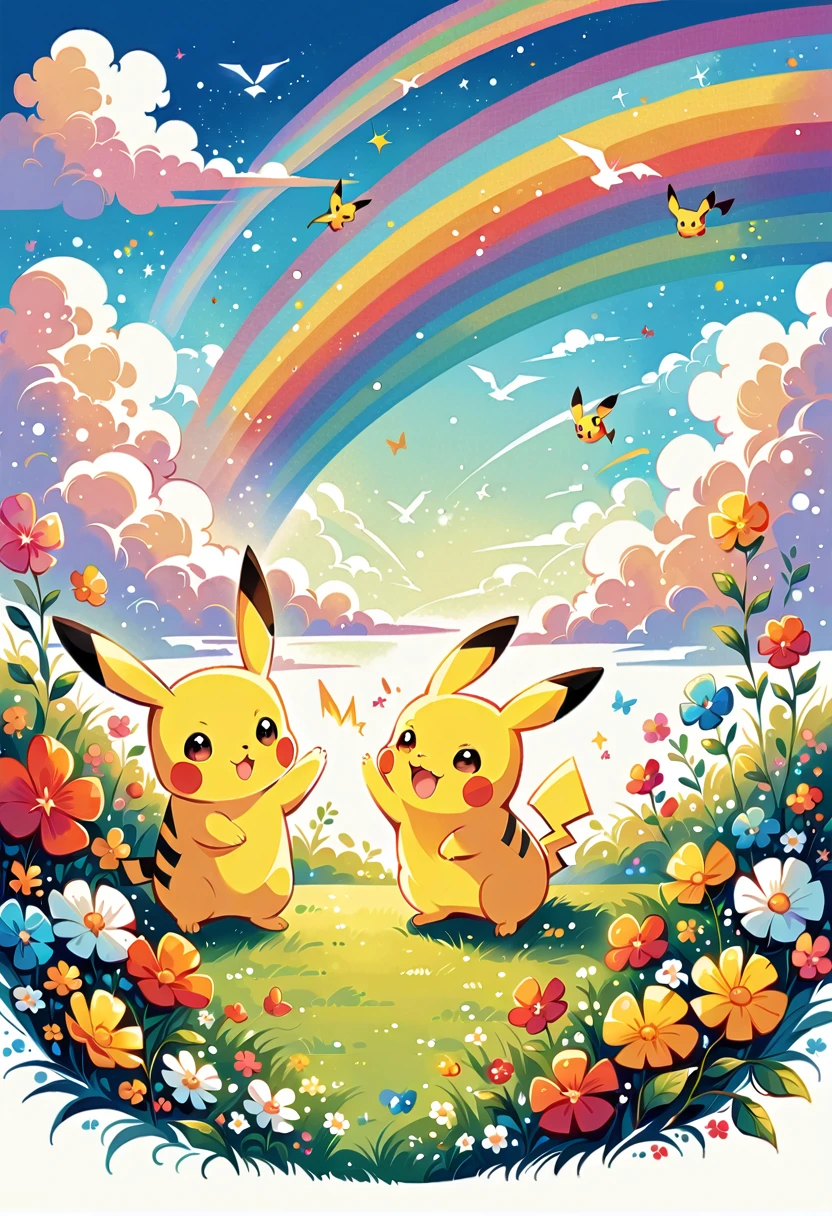 cute scene featuring Pikachu with a rainbow. Pikachu should be happily playing or interacting with the rainbow, perhaps standing at the end of the rainbow or reaching up to touch it. The scene should be bright and cheerful, with vibrant colors of the rainbow arching across the sky. Include elements like a grassy field with flowers, a clear blue sky with a few fluffy clouds, and Pikachu's joyful expression. The overall atmosphere should be whimsical and heartwarming, capturing the magic of a rainbow and Pikachu's playful nature.
