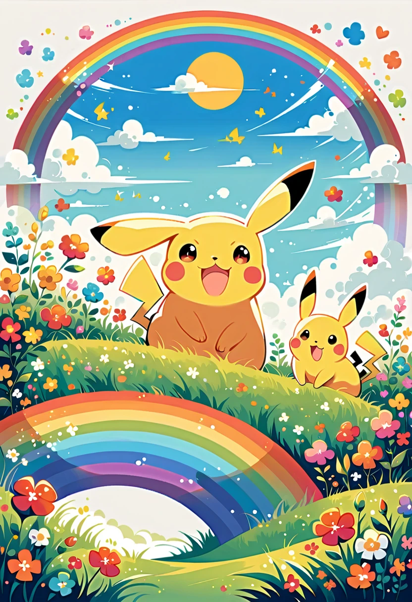 cute scene featuring Pikachu with a rainbow. Pikachu should be happily playing or interacting with the rainbow, perhaps standing at the end of the rainbow or reaching up to touch it. The scene should be bright and cheerful, with vibrant colors of the rainbow arching across the sky. Include elements like a grassy field with flowers, a clear blue sky with a few fluffy clouds, and Pikachu's joyful expression. The overall atmosphere should be whimsical and heartwarming, capturing the magic of a rainbow and Pikachu's playful nature.