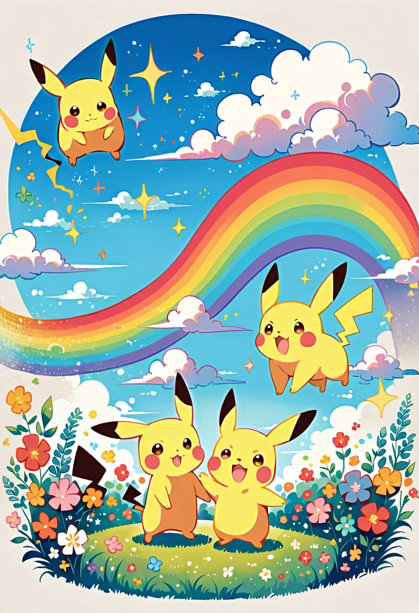 cute scene featuring Pikachu with a rainbow. Pikachu should be happily playing or interacting with the rainbow, perhaps standing at the end of the rainbow or reaching up to touch it. The scene should be bright and cheerful, with vibrant colors of the rainbow arching across the sky. Include elements like a grassy field with flowers, a clear blue sky with a few fluffy clouds, and Pikachu's joyful expression. The overall atmosphere should be whimsical and heartwarming, capturing the magic of a rainbow and Pikachu's playful nature.