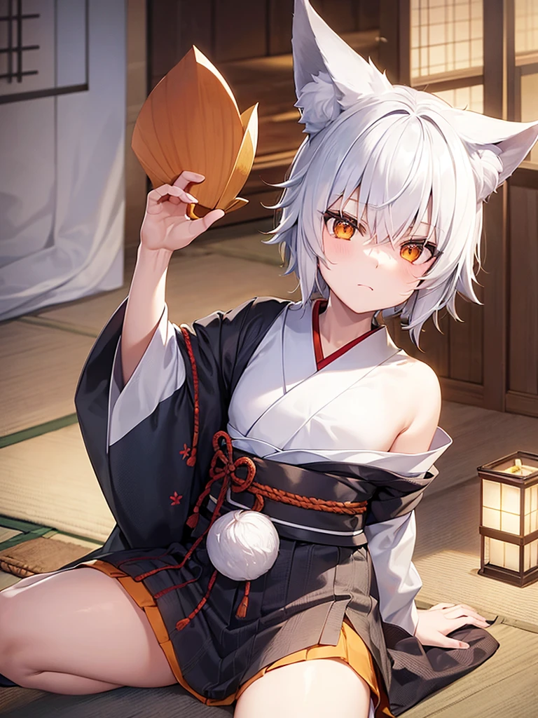 Boy, cute face, wolf ears, white haired, orange eyes, japanese village 