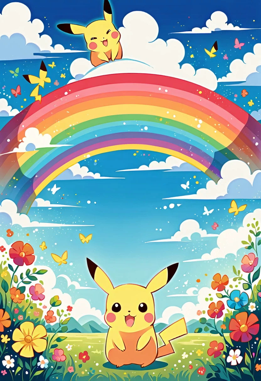 cute scene featuring Pikachu with a rainbow. Pikachu should be happily playing or interacting with the rainbow, perhaps standing at the end of the rainbow or reaching up to touch it. The scene should be bright and cheerful, with vibrant colors of the rainbow arching across the sky. Include elements like a grassy field with flowers, a clear blue sky with a few fluffy clouds, and Pikachu's joyful expression. The overall atmosphere should be whimsical and heartwarming, capturing the magic of a rainbow and Pikachu's playful nature.