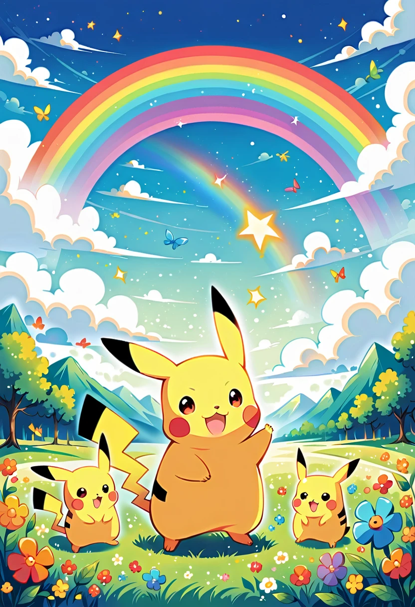 cute scene featuring Pikachu with a rainbow. Pikachu should be happily playing or interacting with the rainbow, perhaps standing at the end of the rainbow or reaching up to touch it. The scene should be bright and cheerful, with vibrant colors of the rainbow arching across the sky. Include elements like a grassy field with flowers, a clear blue sky with a few fluffy clouds, and Pikachu's joyful expression. The overall atmosphere should be whimsical and heartwarming, capturing the magic of a rainbow and Pikachu's playful nature.