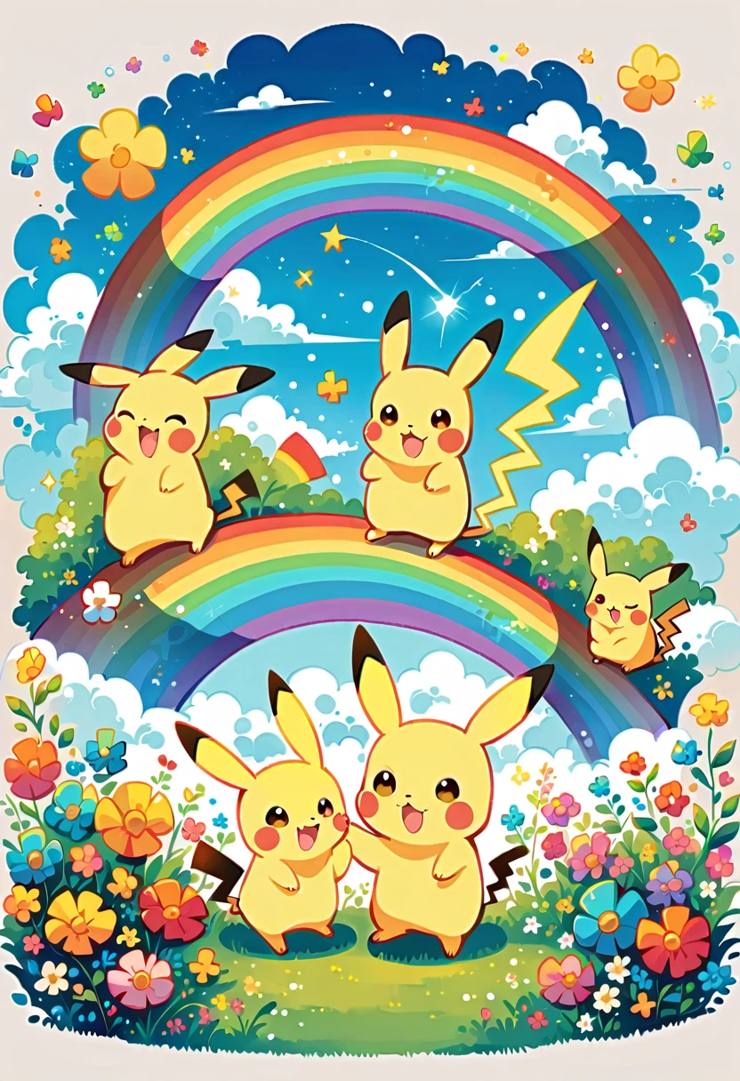cute scene featuring Pikachu with a rainbow. Pikachu should be happily playing or interacting with the rainbow, perhaps standing at the end of the rainbow or reaching up to touch it. The scene should be bright and cheerful, with vibrant colors of the rainbow arching across the sky. Include elements like a grassy field with flowers, a clear blue sky with a few fluffy clouds, and Pikachu's joyful expression. The overall atmosphere should be whimsical and heartwarming, capturing the magic of a rainbow and Pikachu's playful nature.