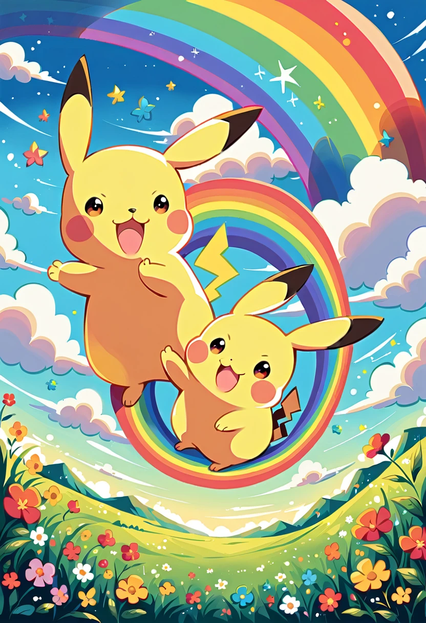cute scene featuring Pikachu with a rainbow. Pikachu should be happily playing or interacting with the rainbow, perhaps standing at the end of the rainbow or reaching up to touch it. The scene should be bright and cheerful, with vibrant colors of the rainbow arching across the sky. Include elements like a grassy field with flowers, a clear blue sky with a few fluffy clouds, and Pikachu's joyful expression. The overall atmosphere should be whimsical and heartwarming, capturing the magic of a rainbow and Pikachu's playful nature.