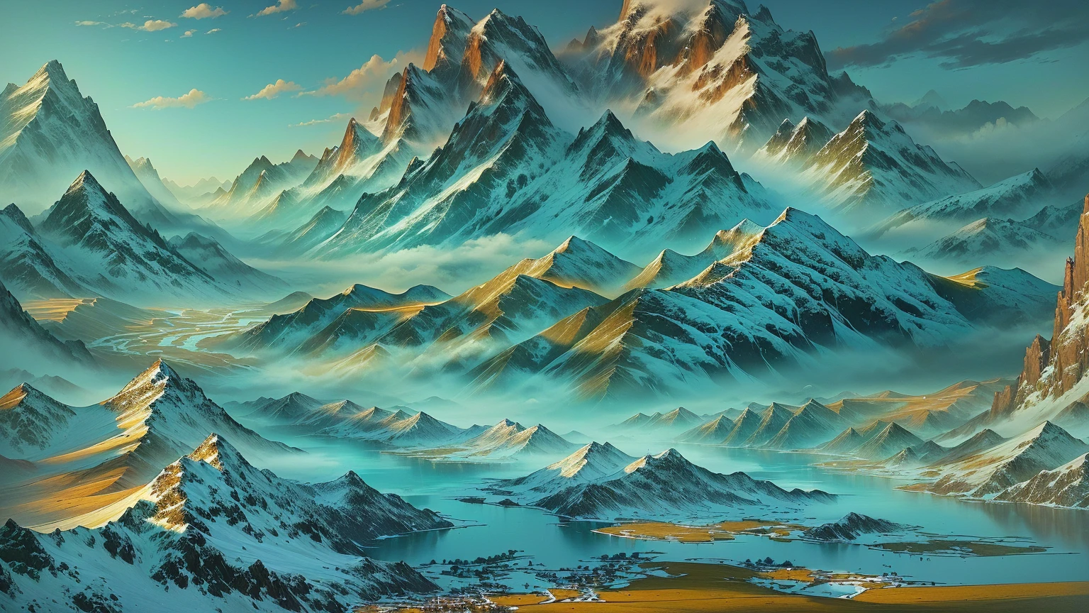 A mountain landscape painting with a river and mountains, Chinese scenery, author:Sim Che Tsai, thrilling, by Li Di, Gong Xian, author:Yuan Jiang, Extremely sophisticated, author:Qiandu, by Yang Buzhi, author:Song Xu, Inspired by Li Keran, author:Ju Lian, Inspired by Ma Yuan