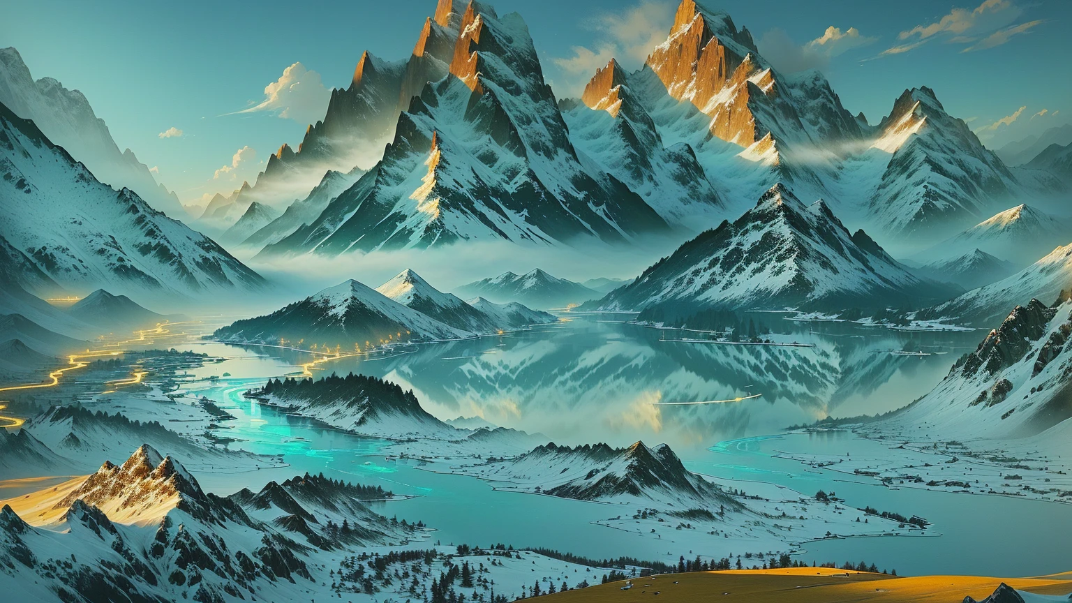 A mountain landscape painting with a river and mountains, Chinese scenery, author:Sim Che Tsai, thrilling, by Li Di, Gong Xian, author:Yuan Jiang, Extremely sophisticated, author:Qiandu, by Yang Buzhi, author:Song Xu, Inspired by Li Keran, author:Ju Lian, Inspired by Ma Yuan