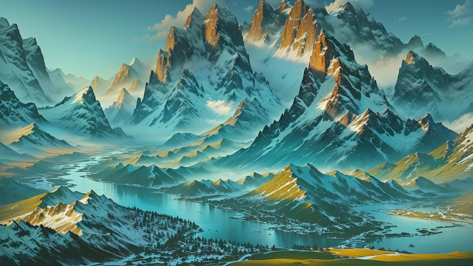 A mountain landscape painting with a river and mountains, Chinese scenery, author:Sim Che Tsai, thrilling, by Li Di, Gong Xian, author:Yuan Jiang, Extremely sophisticated, author:Qiandu, by Yang Buzhi, author:Song Xu, Inspired by Li Keran, author:Ju Lian, Inspired by Ma Yuan