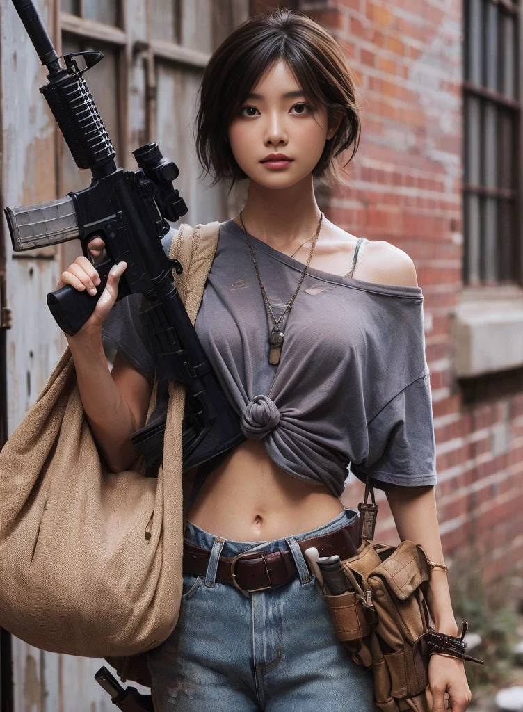 8K,Realistic Photo、Realistic Skin Texture、Superrealism、Japanese woman living in America、Operation、In a mid-sized American city、Old brick building、mortar、Loose Fit T-Shirt、Shoulder bag、Denim pants、Dirty sneakers、Hunting rifles、Dirty alley、Baseball Cap