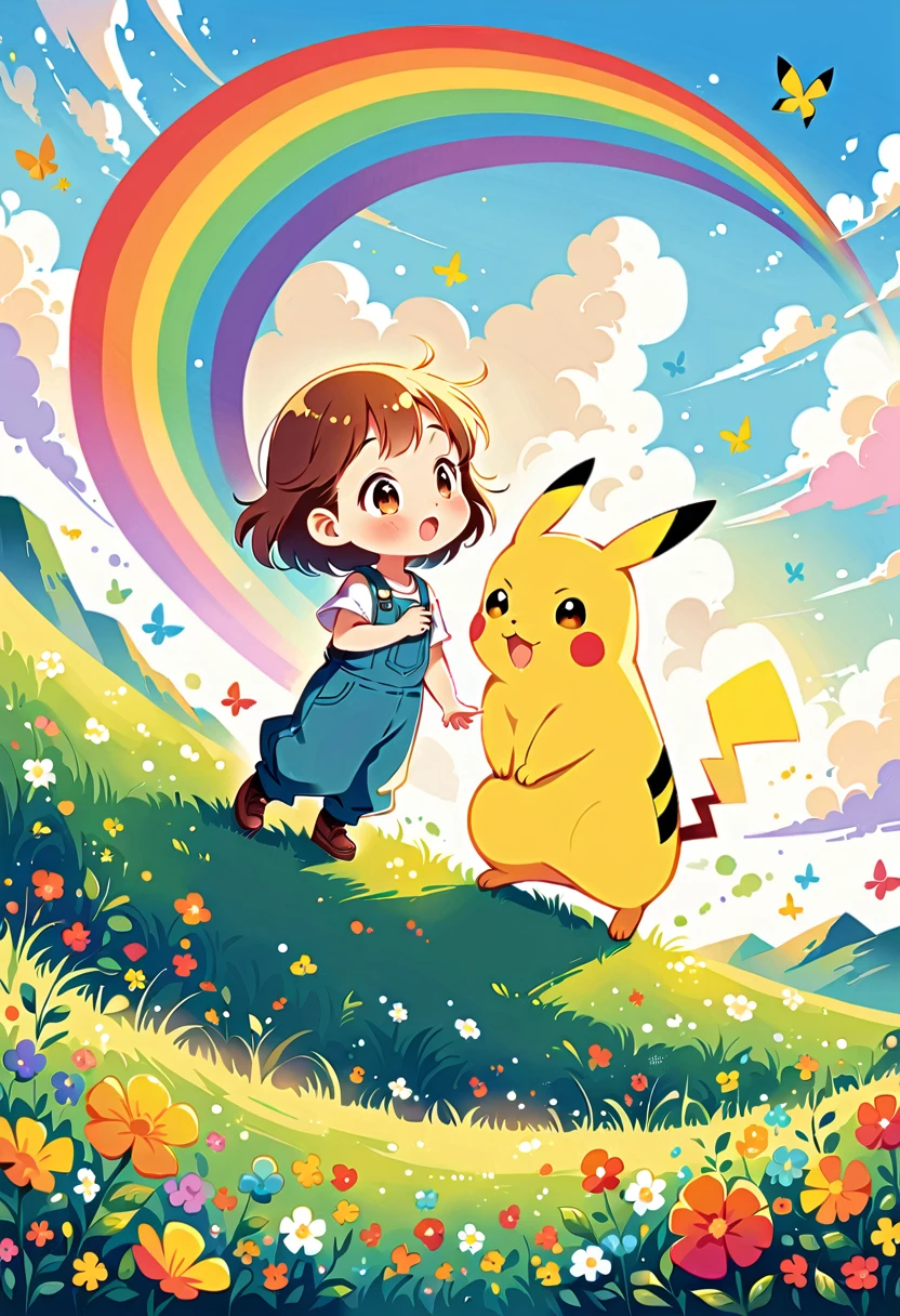 cute scene featuring Pikachu with a rainbow. Pikachu should be happily playing or interacting with the rainbow, perhaps standing at the end of the rainbow or reaching up to touch it. The scene should be bright and cheerful, with vibrant colors of the rainbow arching across the sky. Include elements like a grassy field with flowers, a clear blue sky with a few fluffy clouds, and Pikachu's joyful expression. The overall atmosphere should be whimsical and heartwarming, capturing the magic of a rainbow and Pikachu's playful nature.
