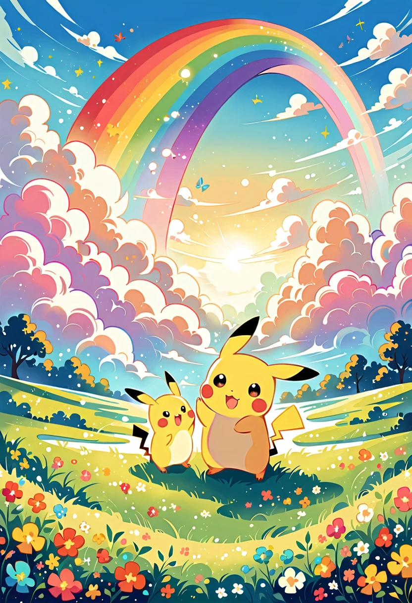 cute scene featuring Pikachu with a rainbow. Pikachu should be happily playing or interacting with the rainbow, perhaps standing at the end of the rainbow or reaching up to touch it. The scene should be bright and cheerful, with vibrant colors of the rainbow arching across the sky. Include elements like a grassy field with flowers, a clear blue sky with a few fluffy clouds, and Pikachu's joyful expression. The overall atmosphere should be whimsical and heartwarming, capturing the magic of a rainbow and Pikachu's playful nature.
