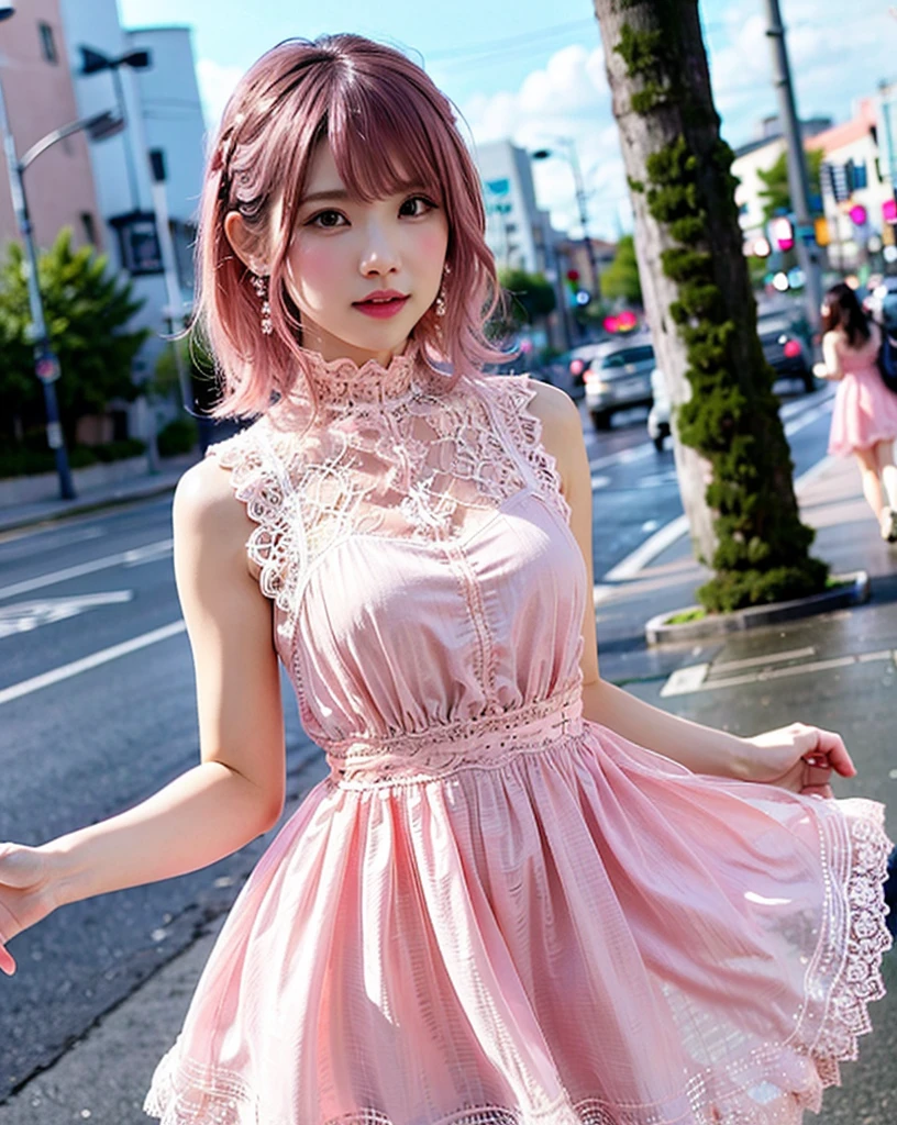 a woman posing on the street corner with Pink Dress on, Highest quality, High resolution, 8K, 1peopleの女の子, (Huge breasts), Day, bright, Outdoor, (street:0.8), (people々, crowd:1), (lace trim dress:1.5, Pink clothes:1.5, Pink high neck dress:1.5, Sleeveless dress, Pink Dress: 1.5), nice, (Medium Hair), Beautifully detailed skies, Beautiful earrings, (Dynamic pose:0.8), (Upper Body:1.2), Soft lighting, Wind, Shiny skin, View your viewers,  