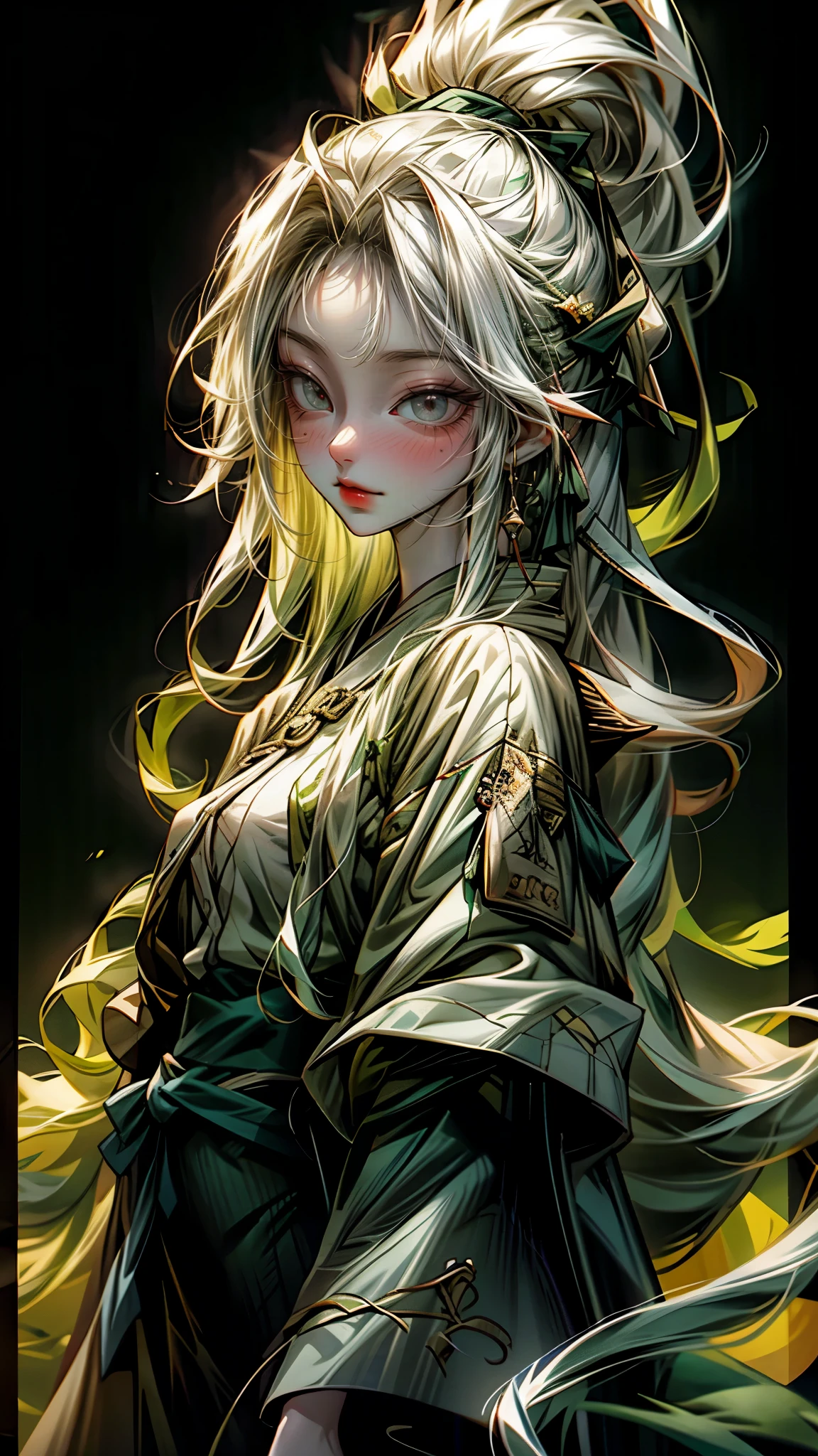 1mafia girl ,  korean white skin, long silky hair, wearing yellow sunglasses, black long coat, blue eye, green  background , 
