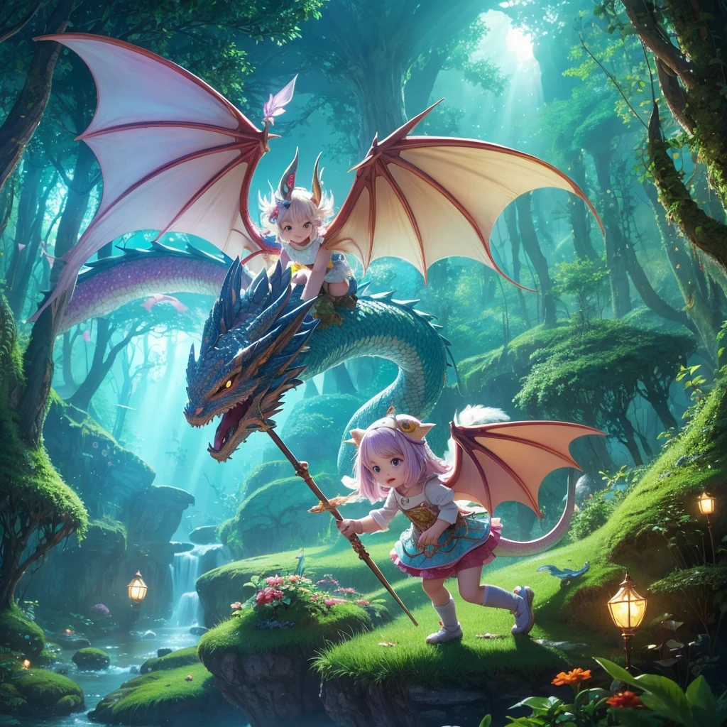 Create an original, cute "yuru-chara" mascot character with a fantasy theme. The character should be a small, round dragon with pastel-colored scales and tiny, delicate wings. The dragon has big, round eyes with a mischievous sparkle and a small, playful smile. It wears a tiny wizard hat and holds a magic wand. The character's overall appearance is whimsical and enchanting, appealing to children and adults alike. The background should be a simple, enchanted forest setting, emphasizing the dragon's magical nature.